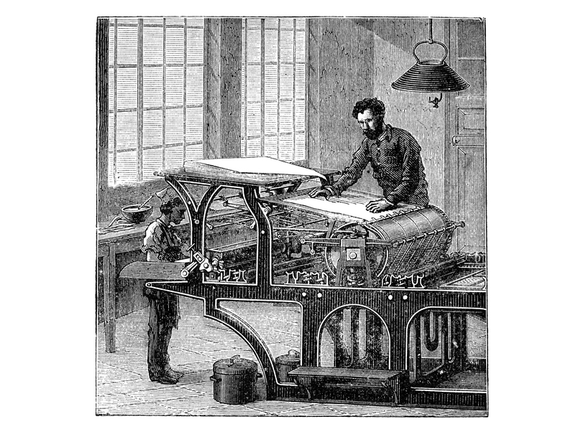 Engraving man and child working at printing press 1882