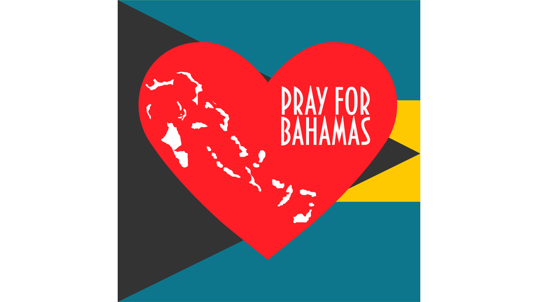 Vector Illustration:  Heart, map and text: Pray for Bahamas. Support, donate, relief or help icon for volunteering work during Hurricane Maria, floods and landfalls.