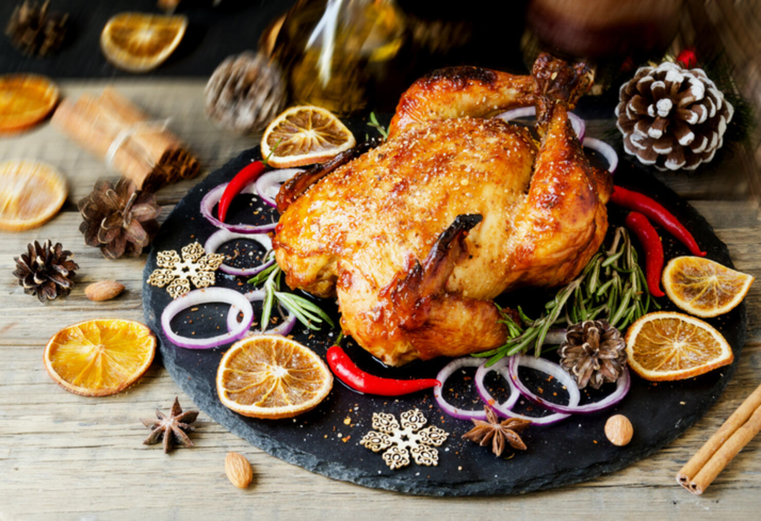 Baked turkey for Christmas or New Year space for text