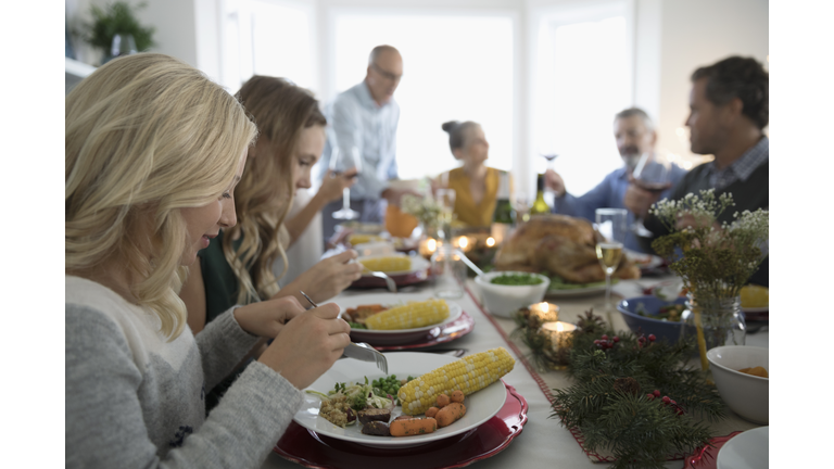 Family and friends enjoying Christmas dinner at table