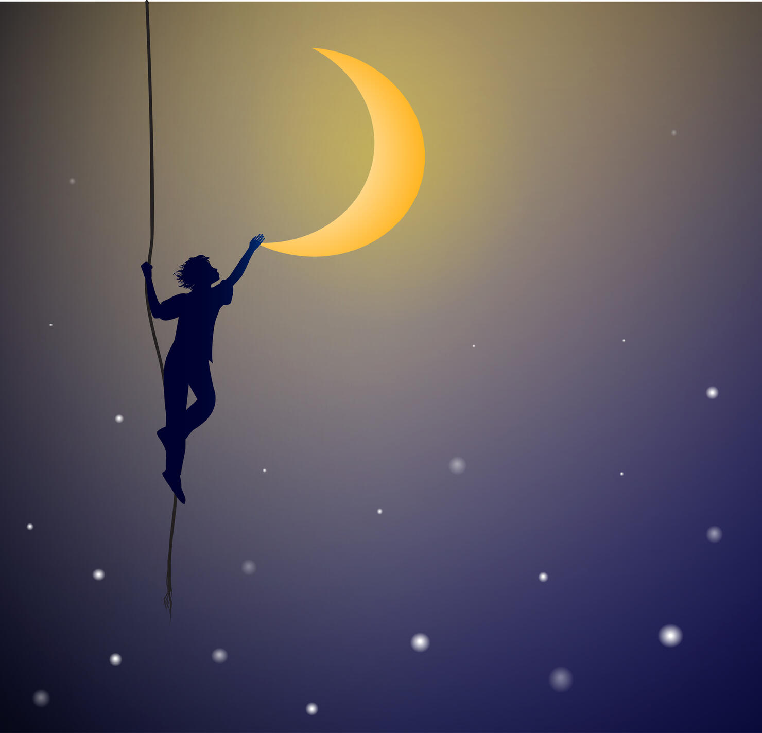 boy hanging on the rope and touching the moon, on the heavens, dream,