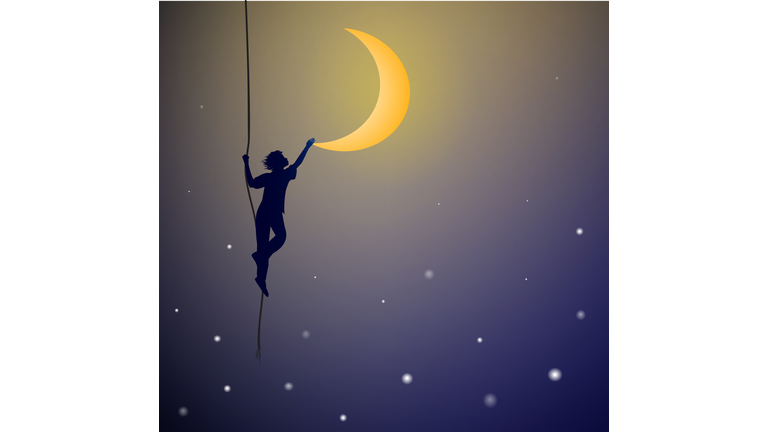 boy hanging on the rope and touching the moon, on the heavens, dream,