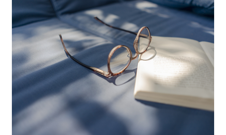 Eyeglasses and book lying on couch
