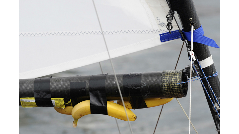 Bananas are taped to the boom of a saili