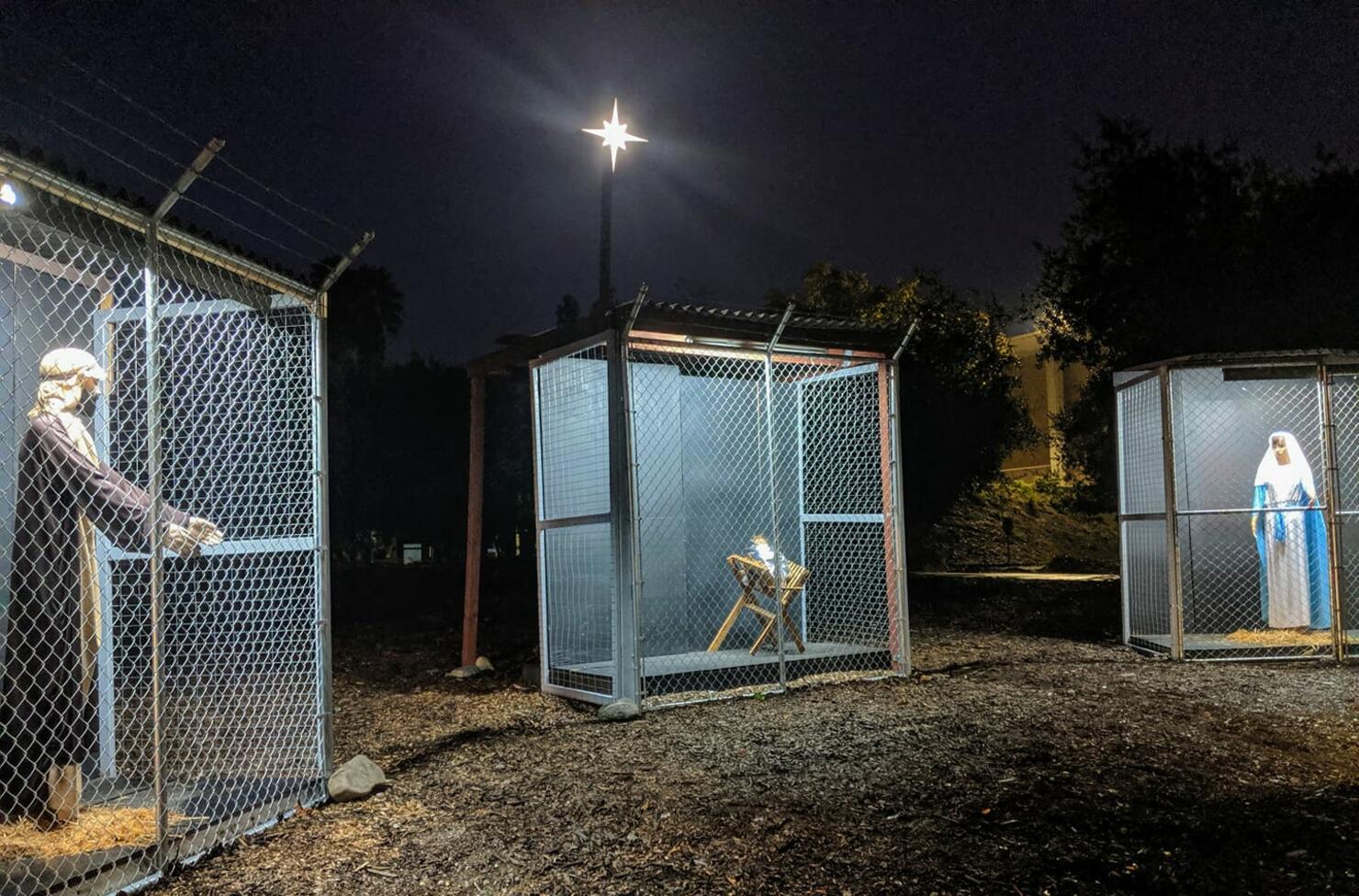 Claremont church depicts jesus, mary and joseph as refugees in cages
