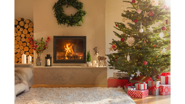 Ambient fireplace and Christmas tree in living room