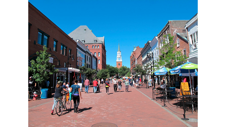 People enjoy Church street in Burlington, Vermont