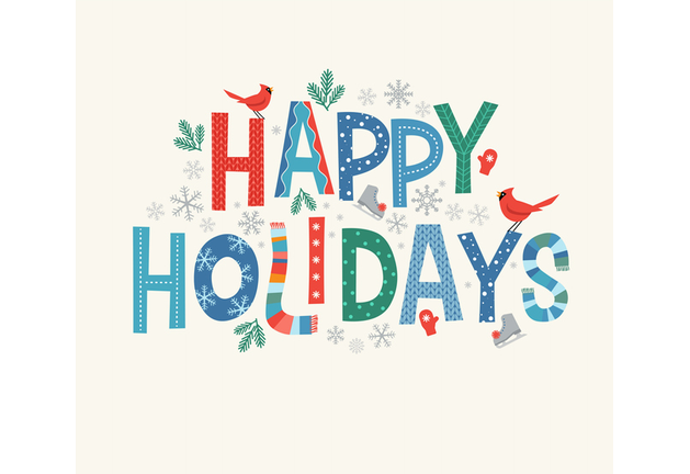 Colorful lettering Happy Holidays with decorative seasonal design elements.