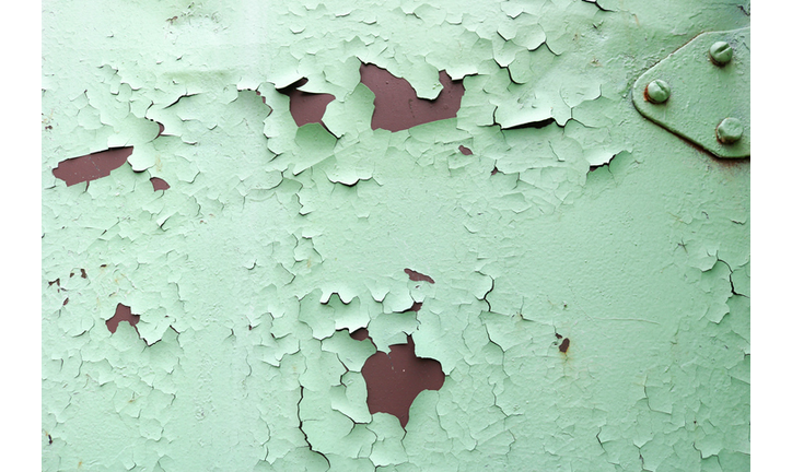 Texture of rusty two-color reddish and green old shabby oxidized metal, iron with bulbted peeling and green paint and patterns, background