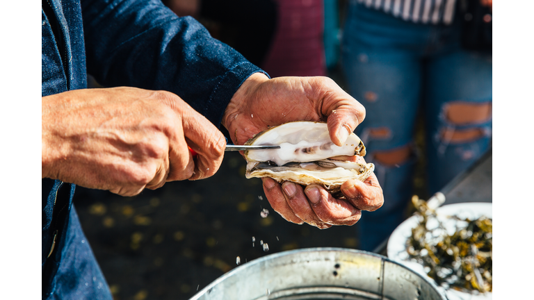 Close up of a man opening oyster shell with a knife