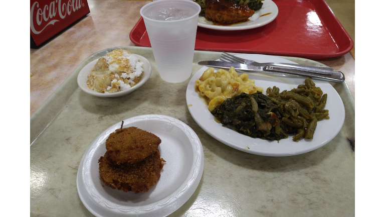 Fried green tomatoes, collards, mac, banana pudding!