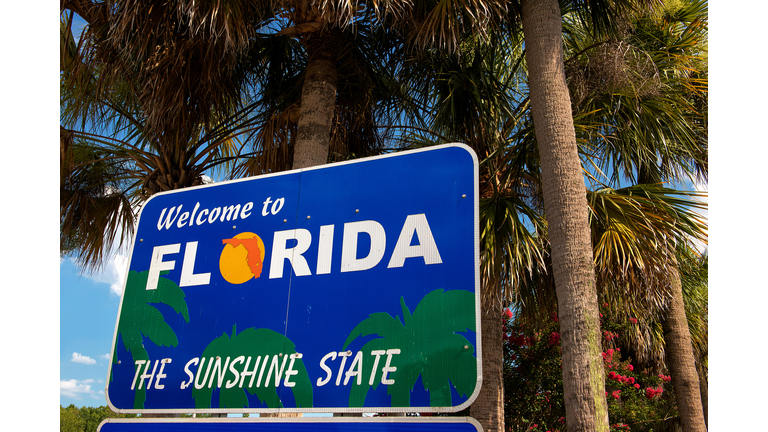 Welcome to Florida sign with palm trees in background