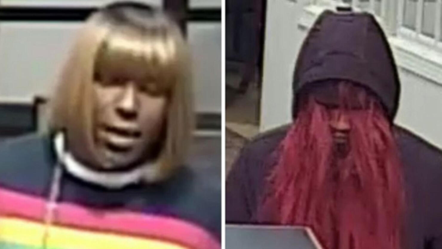 Surveillance video released by the FBI shows the "Big Wig Bandit" during bank robberies in Huntersville, N.C., on Dec. 13, 2019 and in Belmont, N.C., on Jan. 7, 2020.