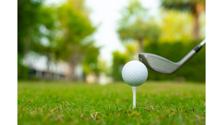 Playing golf. Golf club and ball. Preparing to shot