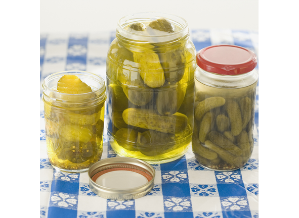 Close up of pickles in jars