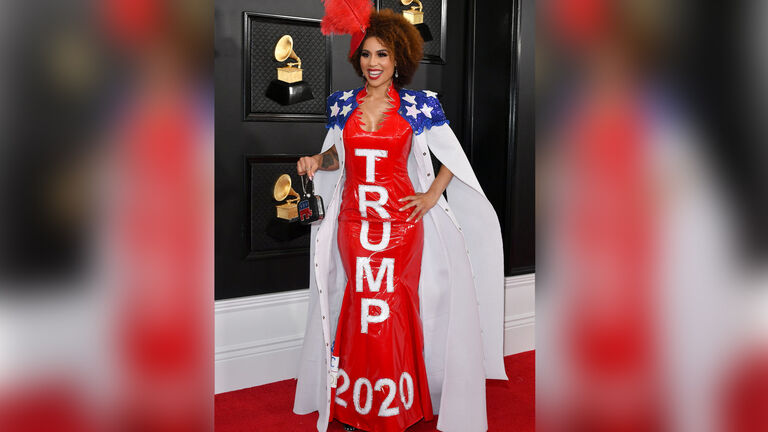 Joy Villa arrives at the Grammy Awards wearing a gown in support of Trump’s 2020 re-election