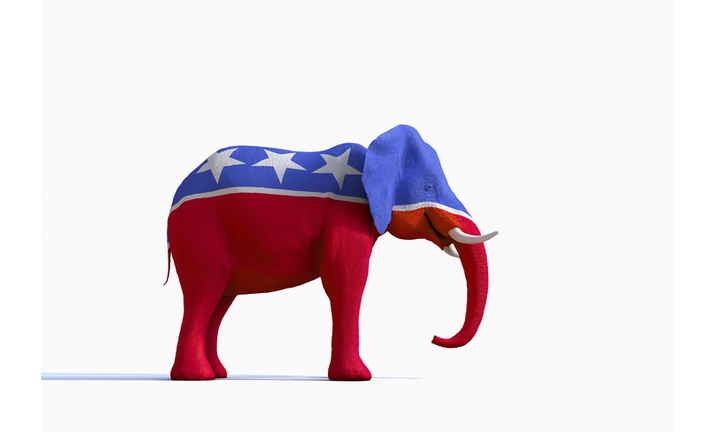 Elephant statue painted red, white and blue