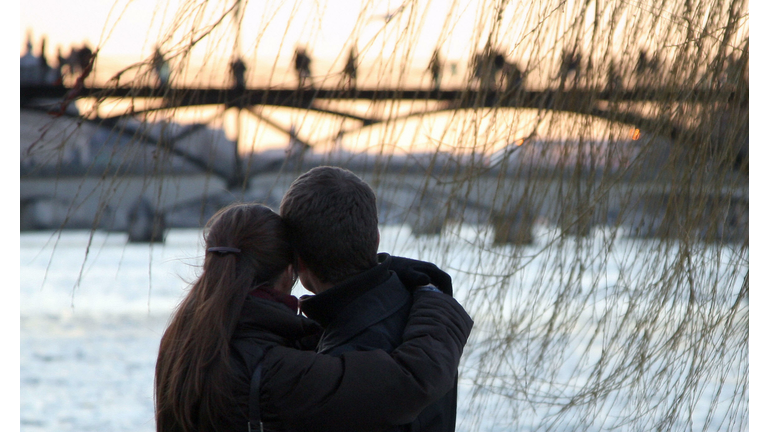 A couple watches Pont des Arts bridge on