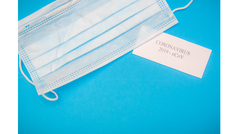 white sheet of paper with the words "coronavirus" and a medical mask on a blue background with copy space. Medical background, top view