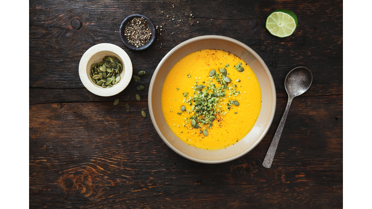 Pumpkin soup with coconut and seeds