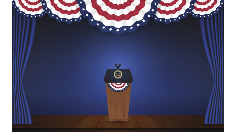 USA President podium on stage with semi-circle decorative flag