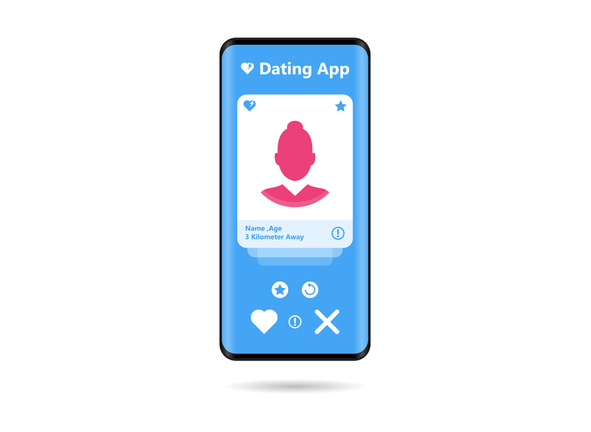 Hands holding mobile phones with abstract dating app profile on display Vector Illustration