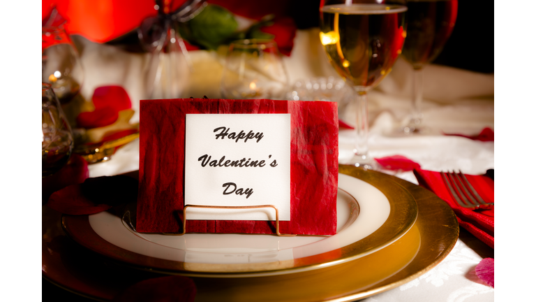 Happy Valentine's Day: Romantic table setting. Dining, candlelight dinner.