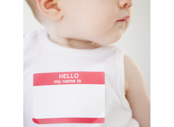 Baby wearing name tag