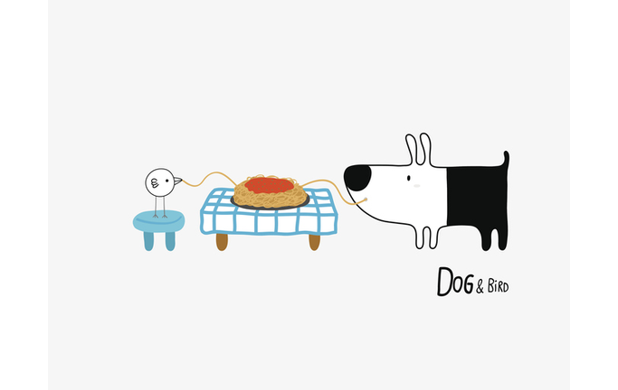 Dog & Bird eating spaghetti