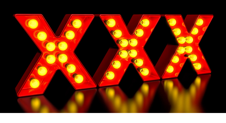 XXX signboard from golden light bulb letters, retro glowing font. 3D rendering