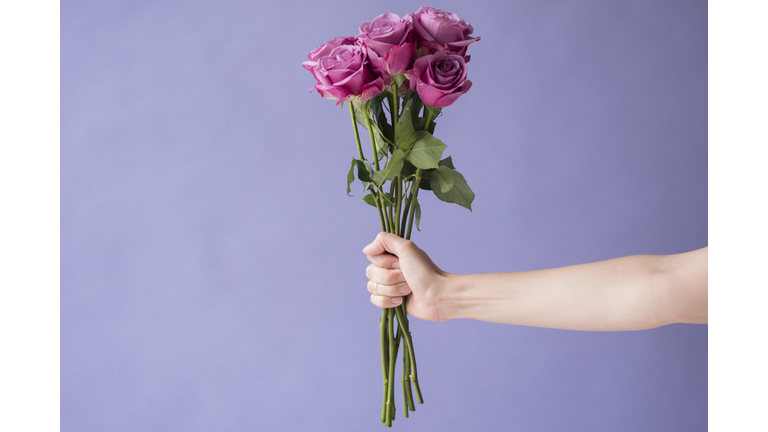 Arm of Caucasian woman holding bouquet of roses