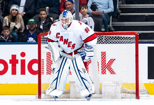 TORONTO, ON - FEBRUARY 22: Emergency backup goaltender Dave Ayres #90 of the Carolina Hurricanes looks on against the -Toronto Maple Leafs during the third period at the Scotiabank Arena on February 22, 2020 in Toronto, Ontario, Canada. (Photo by Kevin Sousa/NHLI via Getty Images)