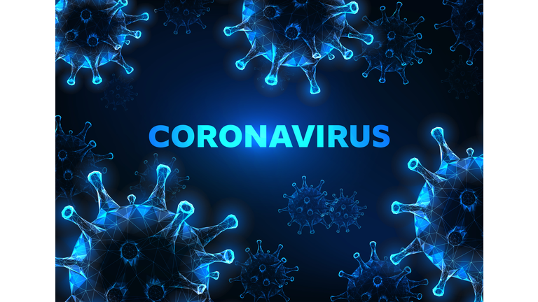 Futuristic glowing low polygonal coronavirus cells banner on dark blue background.