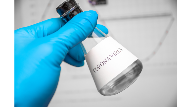 blue-gloved hand holds a conical flask labeled Coronavirus with liquid on the background of research graphs. Concept of science, medicine