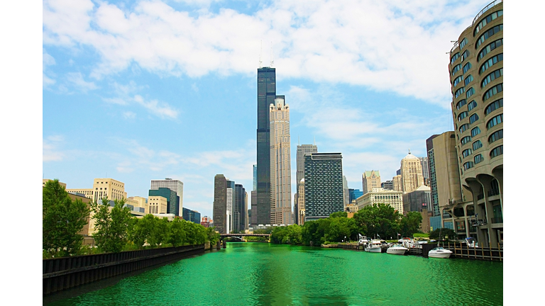 Chicago River which is dyed green for St. Patrick`s day, Chicago, Ilinois, US