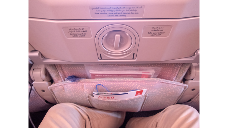 Back of the seat on a commercial long haul flight