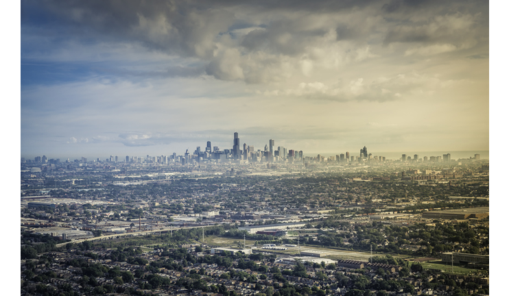 Aerial view of Downtown Chicago from Suburbs