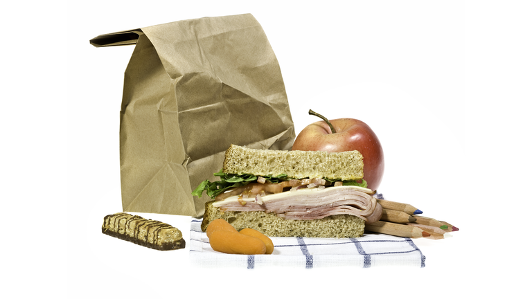 School lunch next to brown paper bag on a white background