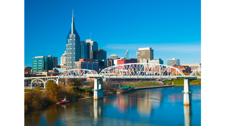 Nashville skyline, bridge, and river
