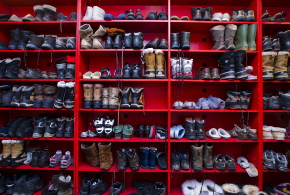 A shoe rack greets visitors on March 7,