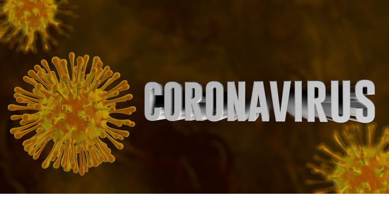 Yellow viruses with CORONAVIRUS word floating on a dark yellow background. 3D Illustration