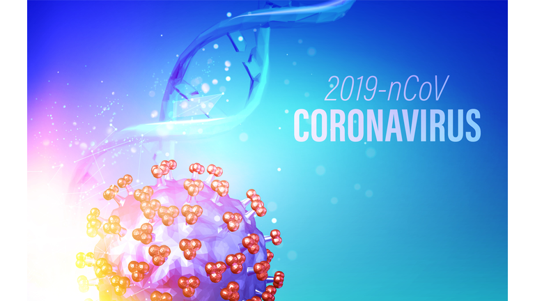 Computer model of Coronavirus in futuristic rays over violet background and dna molecule. 3d model of virus 19-nCov. Stay home to reduce your risk of Severe Illness. Coronavirus medical illustration