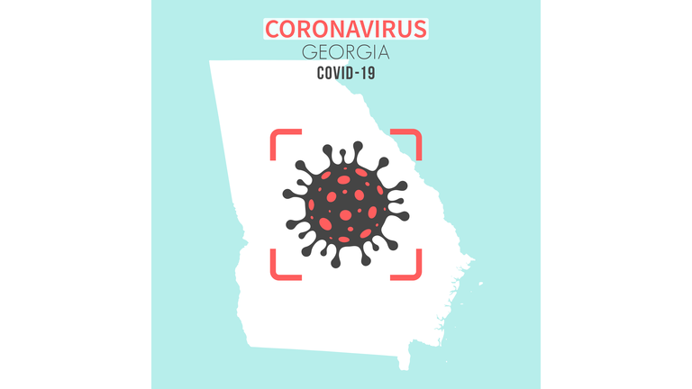 Georgia (USA) map with a coronavirus cell (COVID-19) in red viewfinder