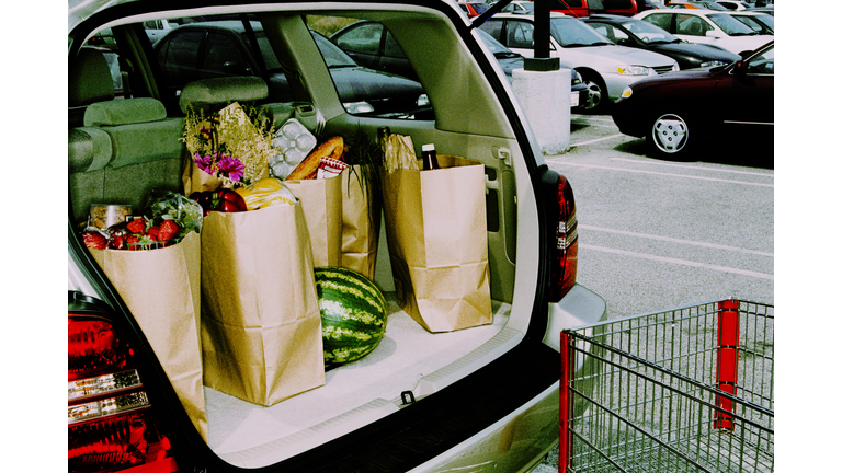 Groceries in back of car, parked in parking lot (Cross Processed)