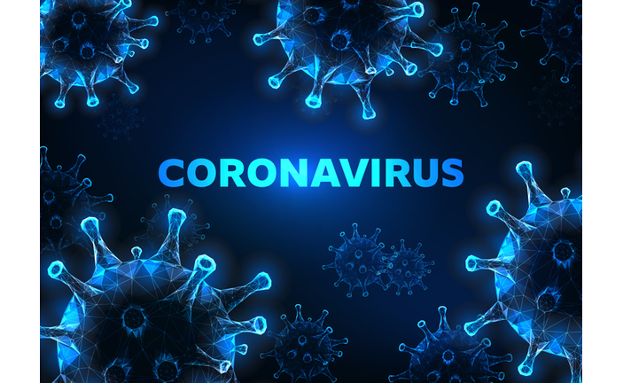 Futuristic glowing low polygonal coronavirus cells banner on dark blue background.
