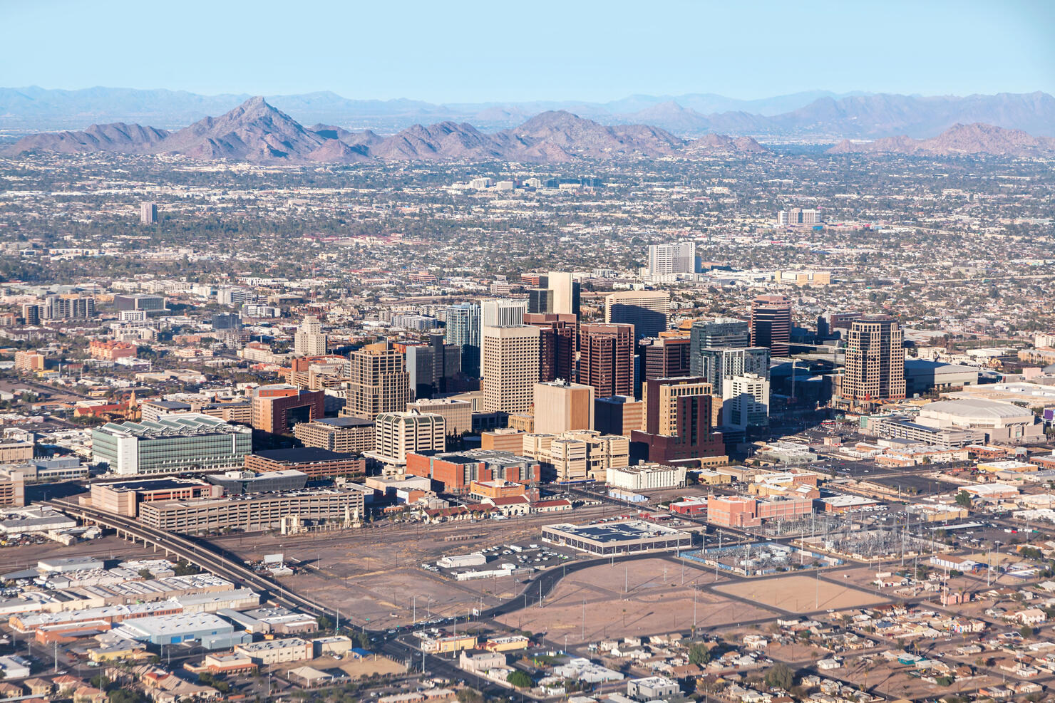 Downtown Phoenix Aerial View from airplane