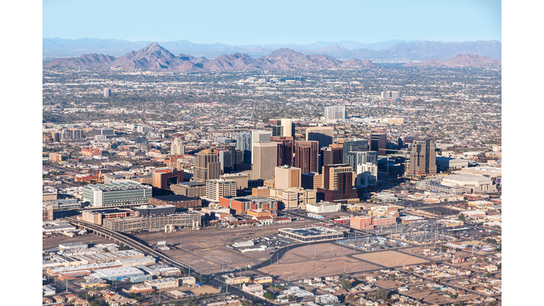 Downtown Phoenix Aerial View from airplane