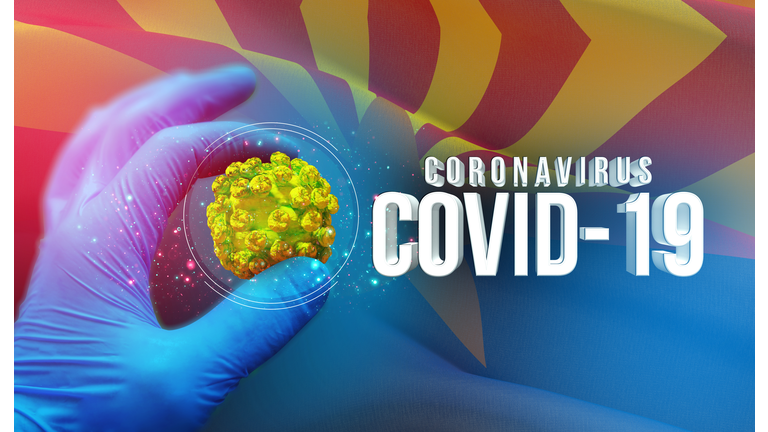 Coronavirus COVID-19 outbreak concept, background with flags of the states of USA. State of Arizona flag. Pandemic stop Novel Coronavirus outbreak covid-19 3D illustration.