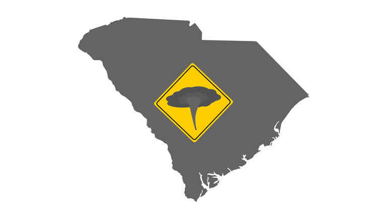 Map of South Carolina and traffic sign tornado warning