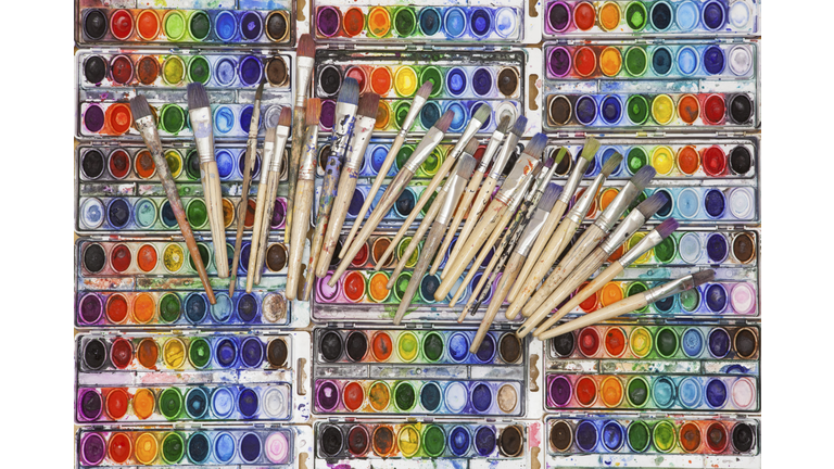 Vividly Colored Watercolor Pans with Artist Paintbrushes